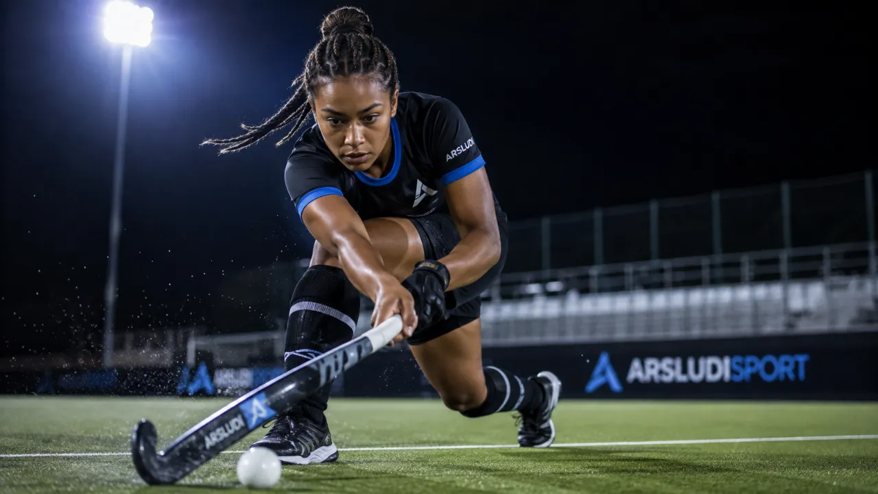 Hockey player about to hit the ball