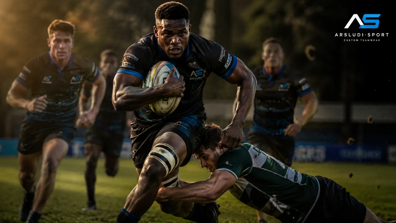 Rugby player breaking a tackle