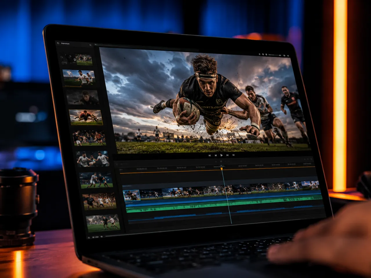 Editor cutting a rugby highlight reel